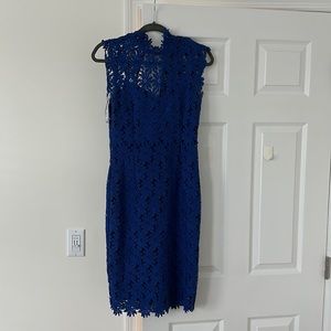 Vintage blue floral overlay cutout back dress.